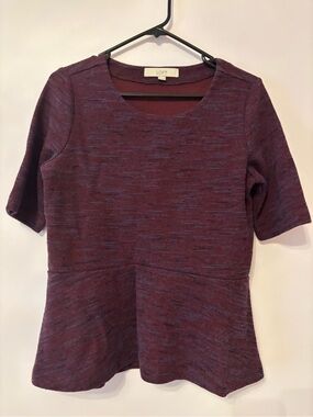 LOFT Plum Heathered Short-Sleeve Peplum Top Size M